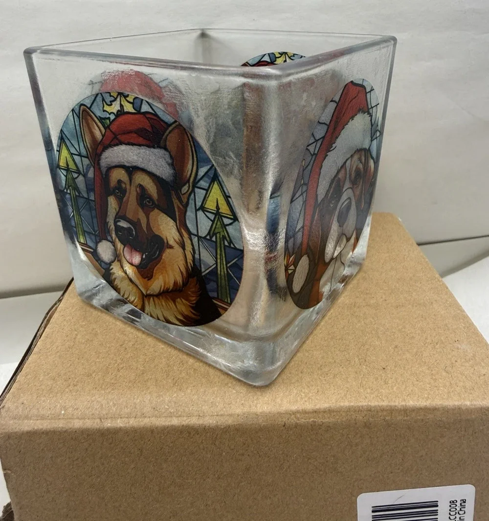Stained Glass Styled Square Tealight Holder- Christmas Hat Dog, Real Glass Cup..